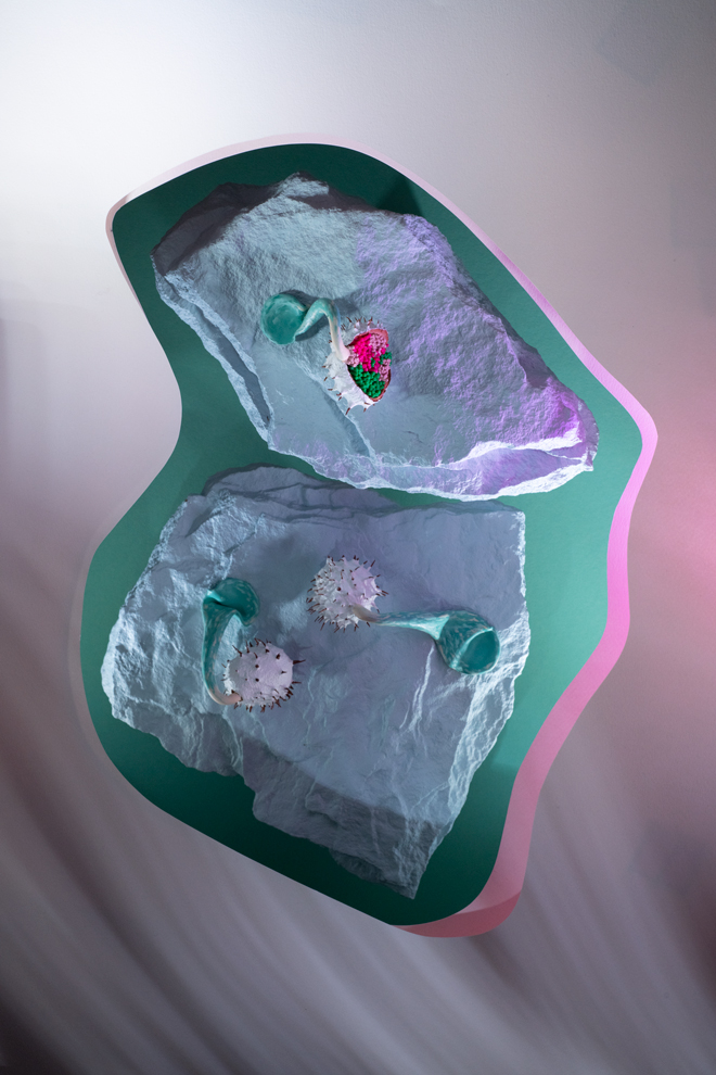 Pink and Green Paper, Seed Parasites on Blue Rocks. ©2021